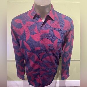 Deniko Men's Red and Blue Patterned Shirt button front stretchy floral